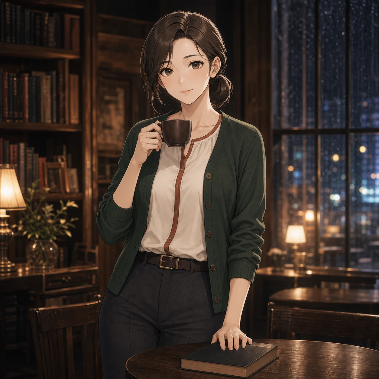 喫茶店で一冊を読み直すチヒロ