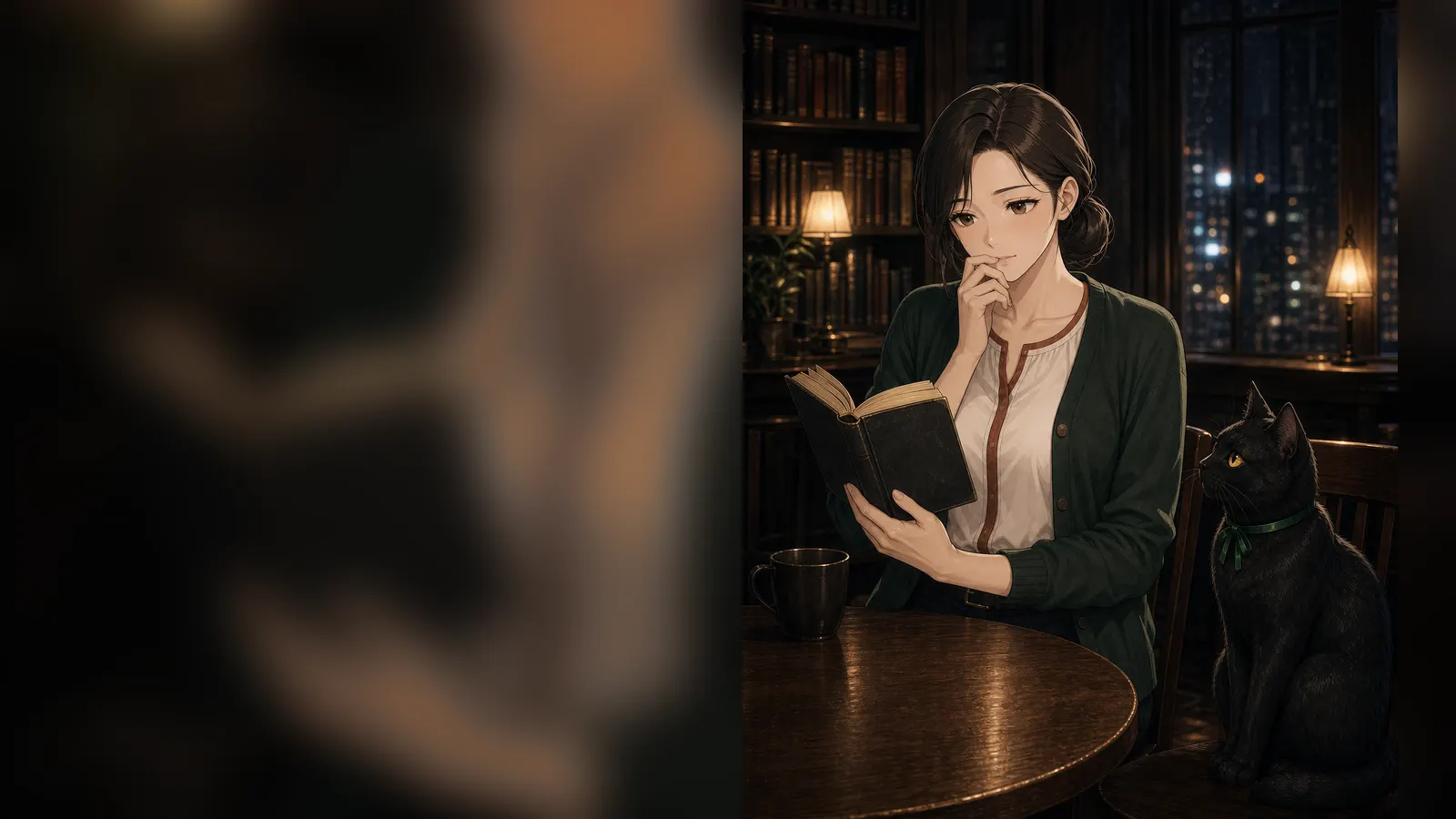 昔読んだ名作を思い出せないチヒロと、隣で見守る黒猫センの場面