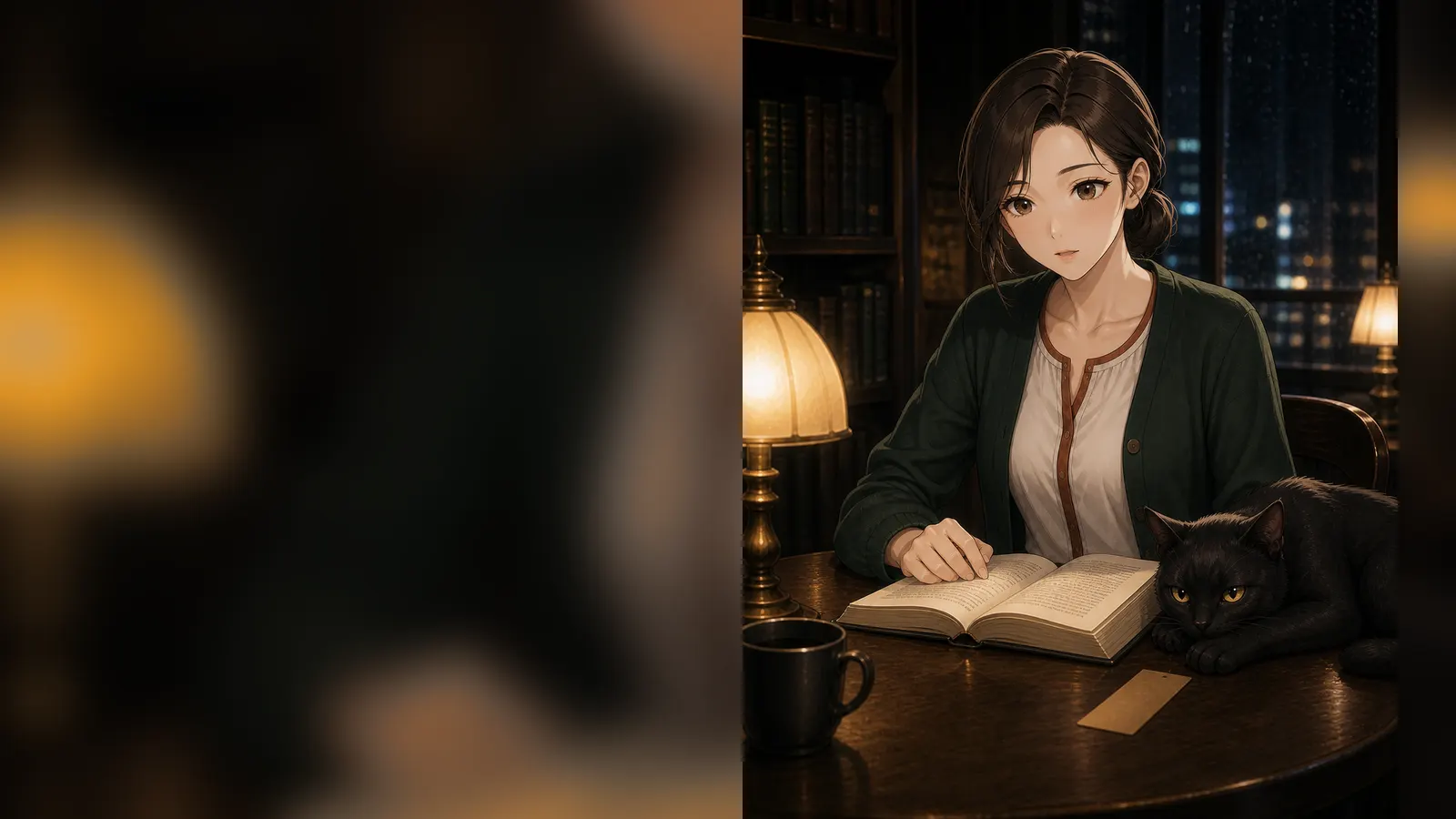 チヒロが今夜の一節を読み直し、センが本のそばで見守る場面